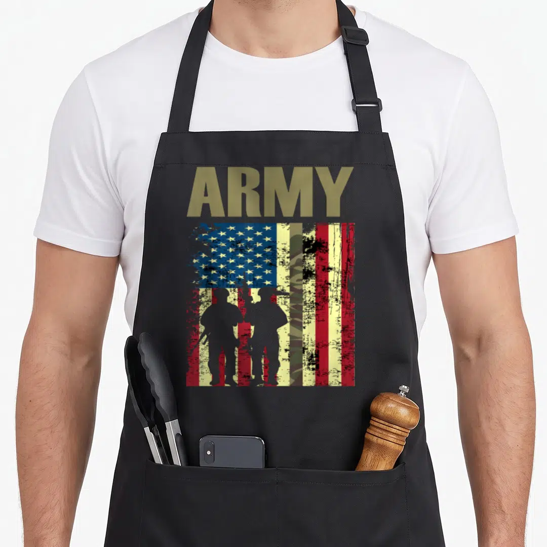 Army camo aprons - Distressed USA flag with ARMY text, two soldier silhouettes, and central camo stripe in olive grey — shown on a black cotton canvas apron against a white background