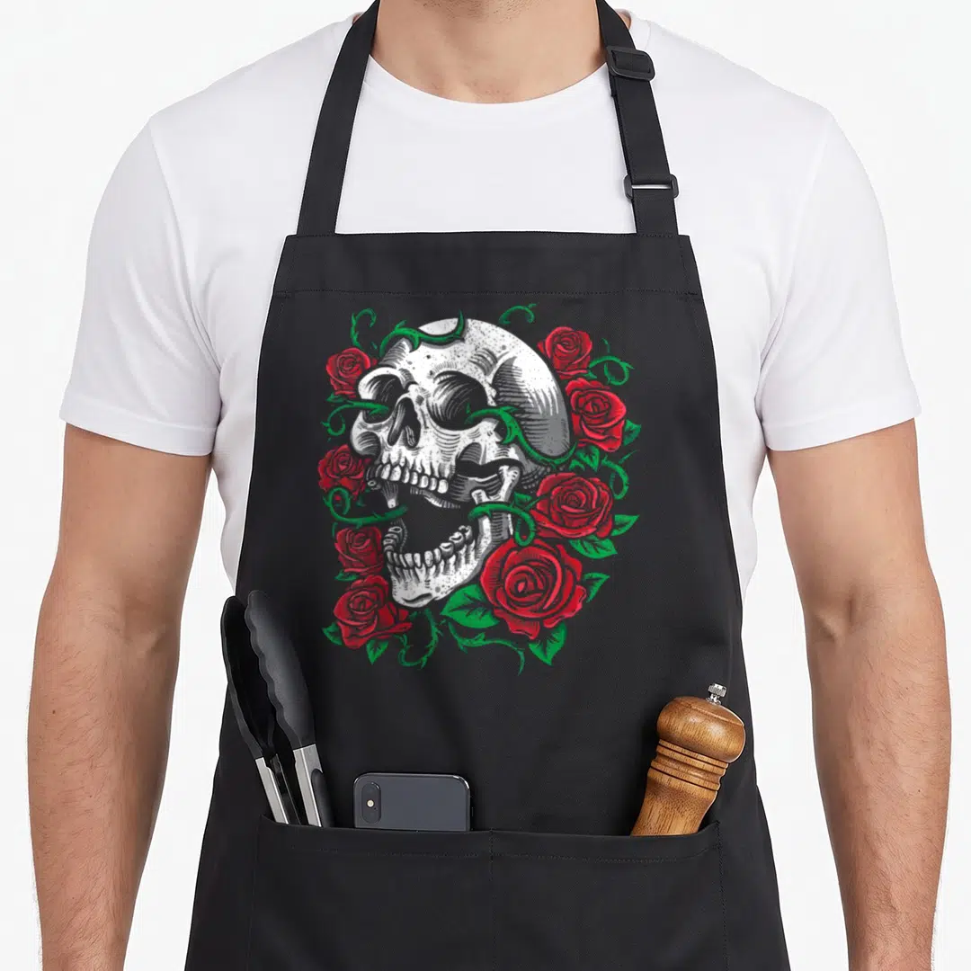 Skull rose skeleton apron - White line-art skull surrounded by red roses and green vines — shown on a black cotton canvas apron against a white background