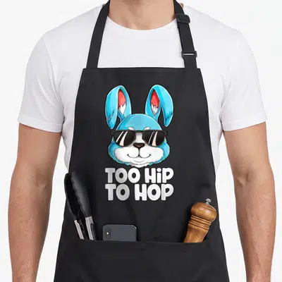 Hop easter bunny aprons - Blue cartoon bunny head with black sunglasses and white stacked text reading Too Hip To Hop — shown on a black cotton canvas apron against a white background