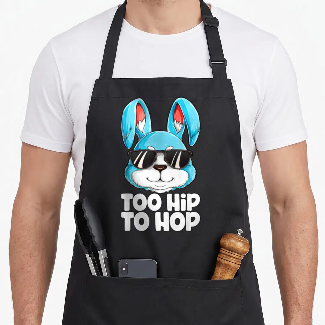 Hop easter bunny aprons - Blue cartoon bunny head with black sunglasses and white stacked text reading Too Hip To Hop — shown on a black cotton canvas apron against a white background