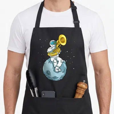 Sousaphone tuba apron - Cartoon astronaut in white suit playing gold tuba on light blue moon with scattered stars — shown on a black cotton canvas apron against a white background