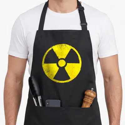 Radioactive biohazard apron - Distressed yellow radiation trefoil symbol on grey background — shown on a black cotton canvas apron against a white background