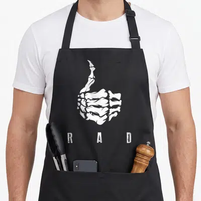 Thumb skeleton apron - White line-art skeleton hand thumbs up above distressed RAD text — shown on a black cotton canvas apron against a white background