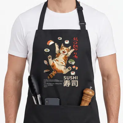 Harajuku japan apron - Cartoon cat lying on back surrounded by sushi with Tokyo address text and Japanese script — shown on a black cotton canvas apron against a white background