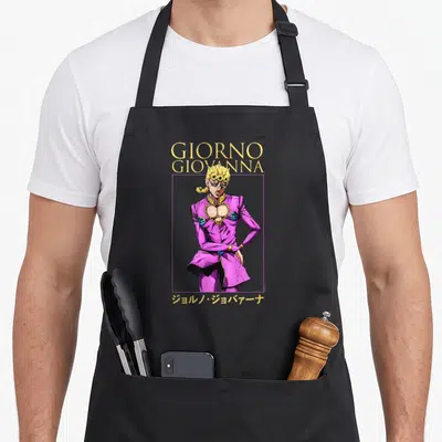 Giorno anime apron - Man in purple suit inside purple frame with yellow GIORNO GIOVANNA text and Japanese characters — shown on a black cotton canvas apron against a white background