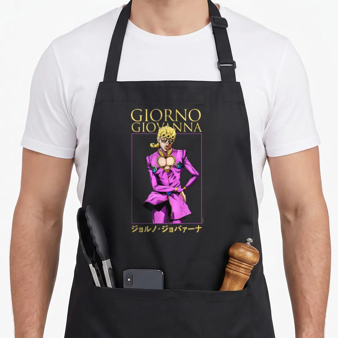 Giorno anime apron - Man in purple suit inside purple frame with yellow GIORNO GIOVANNA text and Japanese characters — shown on a black cotton canvas apron against a white background