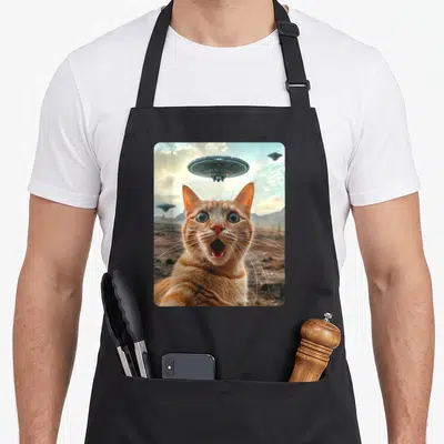 Extraterrestrial cat apron - Shocked orange cat with three UFOs hovering over brown desert landscape under grey clouds — shown on a black cotton canvas apron against a white background