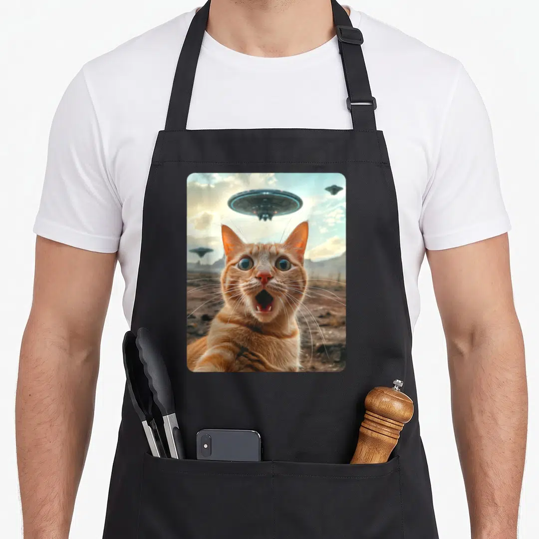 Extraterrestrial cat apron - Shocked orange cat with three UFOs hovering over brown desert landscape under grey clouds — shown on a black cotton canvas apron against a white background