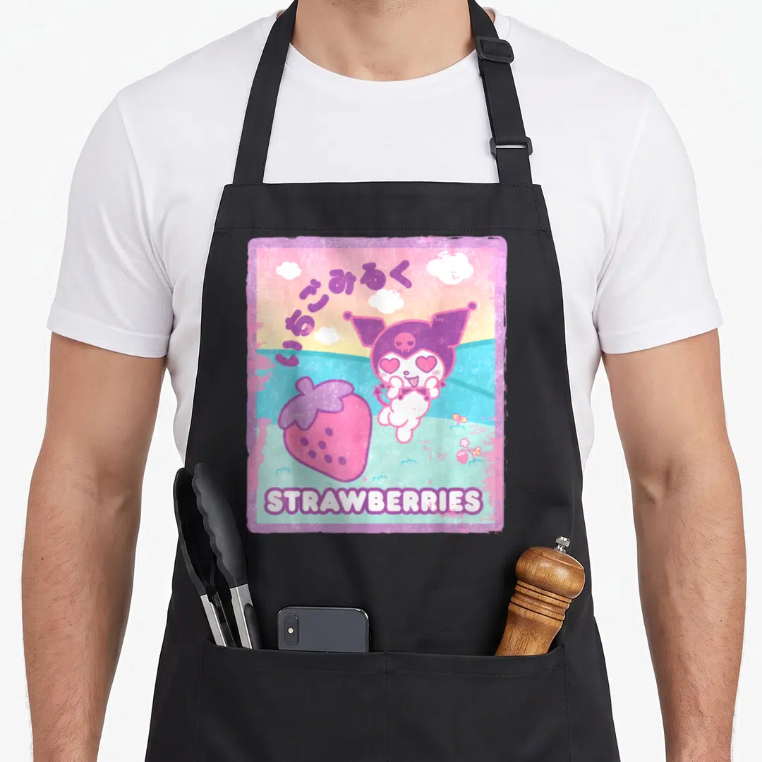 Funny strawberry milk aprons - Cartoon character with heart eyes next to a pink strawberry under Japanese text — shown on a black cotton canvas apron against a white background