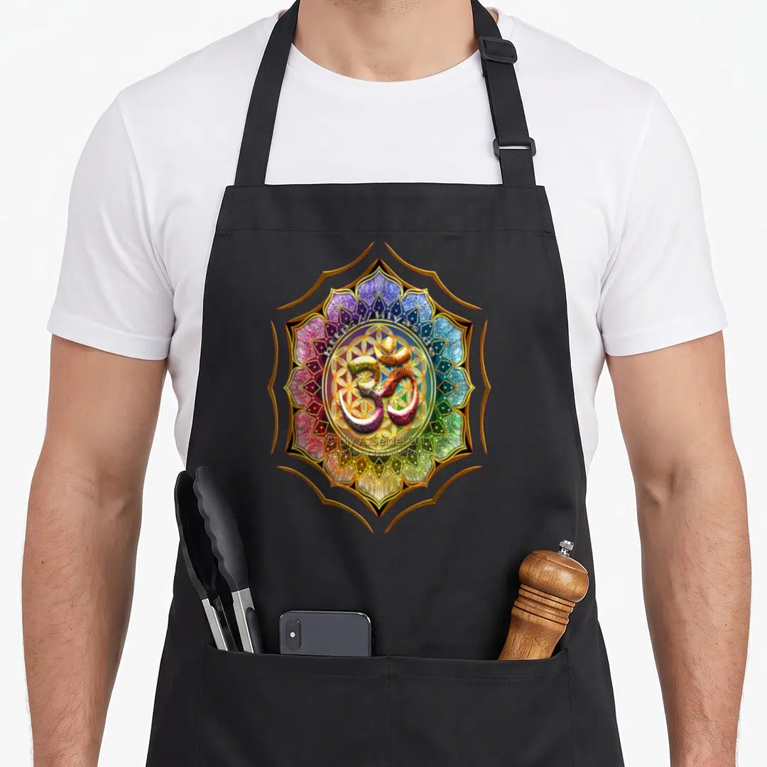 Namah nagoya apron - Golden Om symbol inside colorful circular mandala with purple blue green yellow red and gold lotus — shown on a black cotton canvas apron against a white background