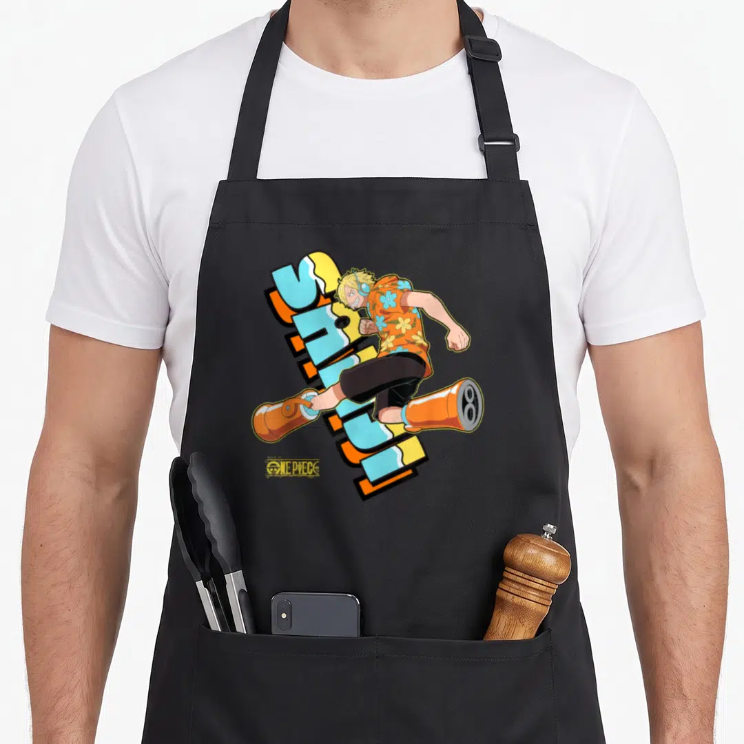 Island anime apron - Man running in orange floral shirt and rocket boots over blue orange letters with ONE PIECE logo — shown on a black cotton canvas apron against a white background