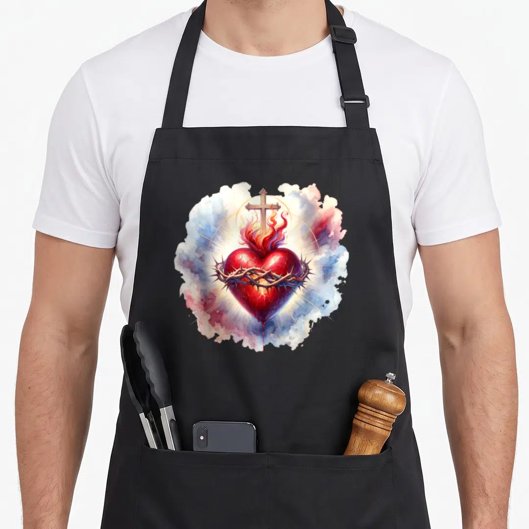Devotion catholic apron - Red sacred heart wrapped in thorns with cross and watercolor clouds in blue and gold — shown on a black cotton canvas apron against a white background