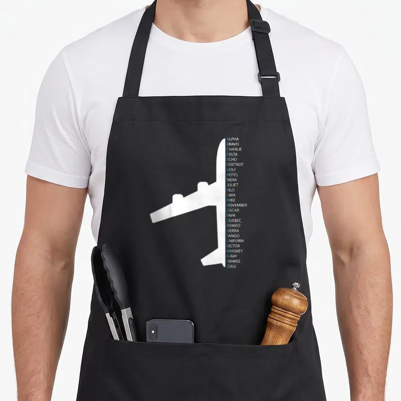 Nato air traffic controller apron - White airplane silhouette with vertical NATO phonetic alphabet list in blue — shown on a black cotton canvas apron against a white background