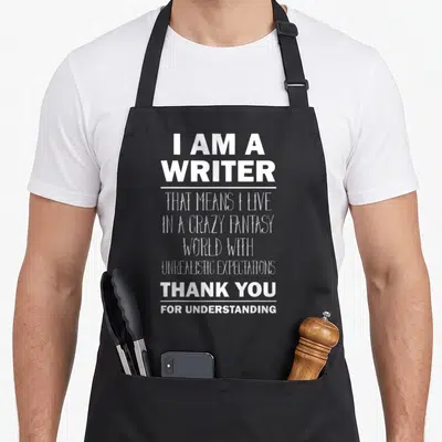 Author writer apron - White stacked text saying I am a writer with unrealistic expectations on black fabric — shown on a black cotton canvas apron against a white background