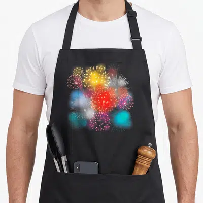 Pyrotechnic rocket lover apron - Realistic cluster of red yellow white blue and cyan fireworks bursts — shown on a black cotton canvas apron against a white background