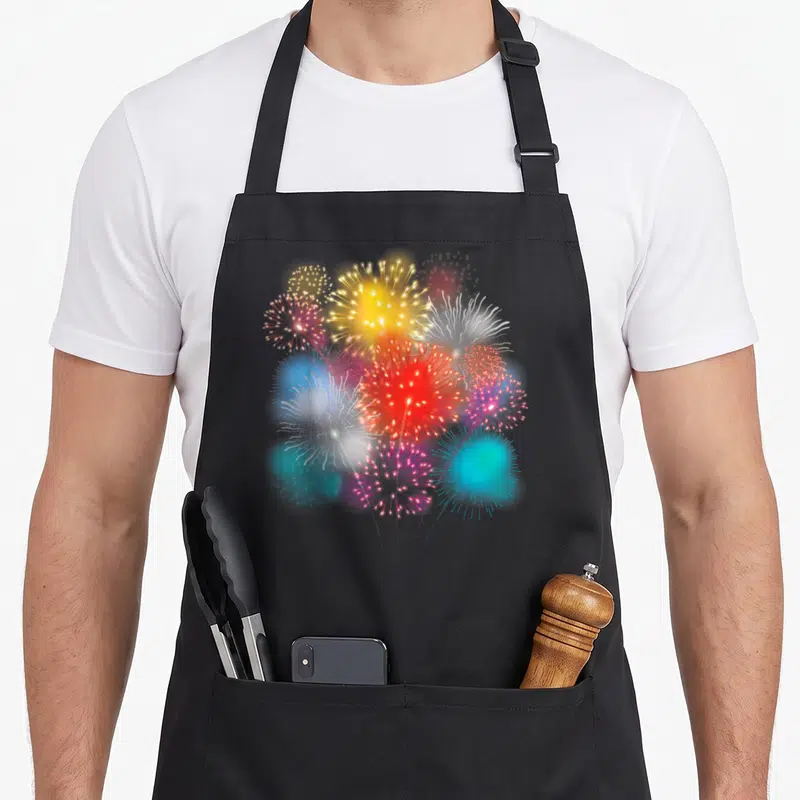 Pyrotechnic rocket lover apron - Realistic cluster of red yellow white blue and cyan fireworks bursts — shown on a black cotton canvas apron against a white background