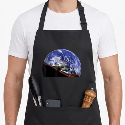 Starman space city company apron - Photo of Earth and astronaut in red spacecraft floating in space — shown on a black cotton canvas apron against a white background