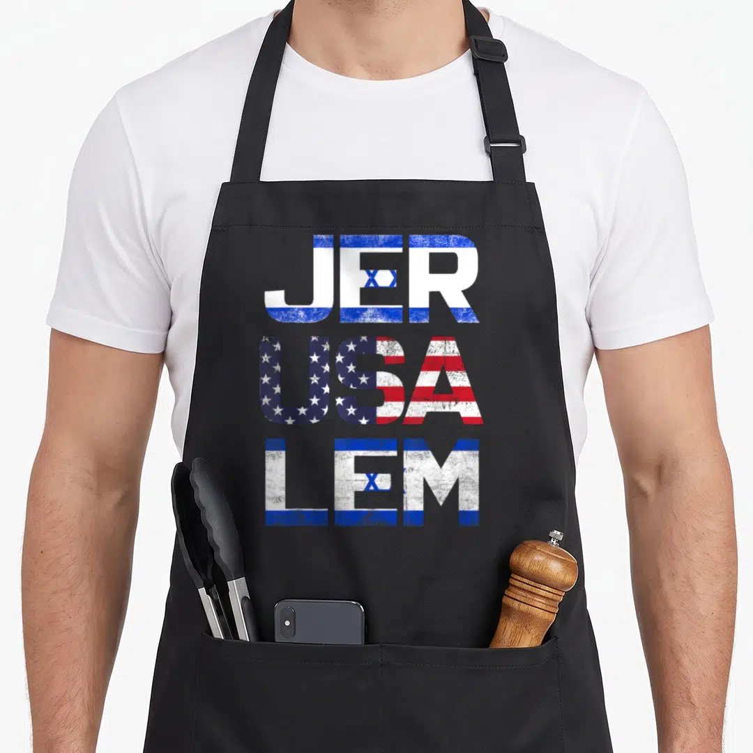 Jerusalem israel apron - Stacked text JER USA LEM filled with US and Israeli flag patterns in distressed style — shown on a black cotton canvas apron against a white background