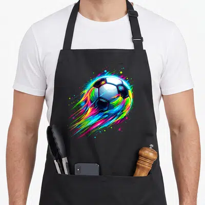 Soccer tie-dye apron - Cartoon soccer ball with blue pink yellow green white motion trails — shown on a black cotton canvas apron against a white background