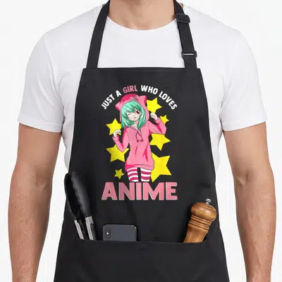 Manga kawaii aprons - Cartoon girl in pink hoodie winking surrounded by yellow stars with Just A Girl Who Loves Anime — shown on a black cotton canvas apron against a white background