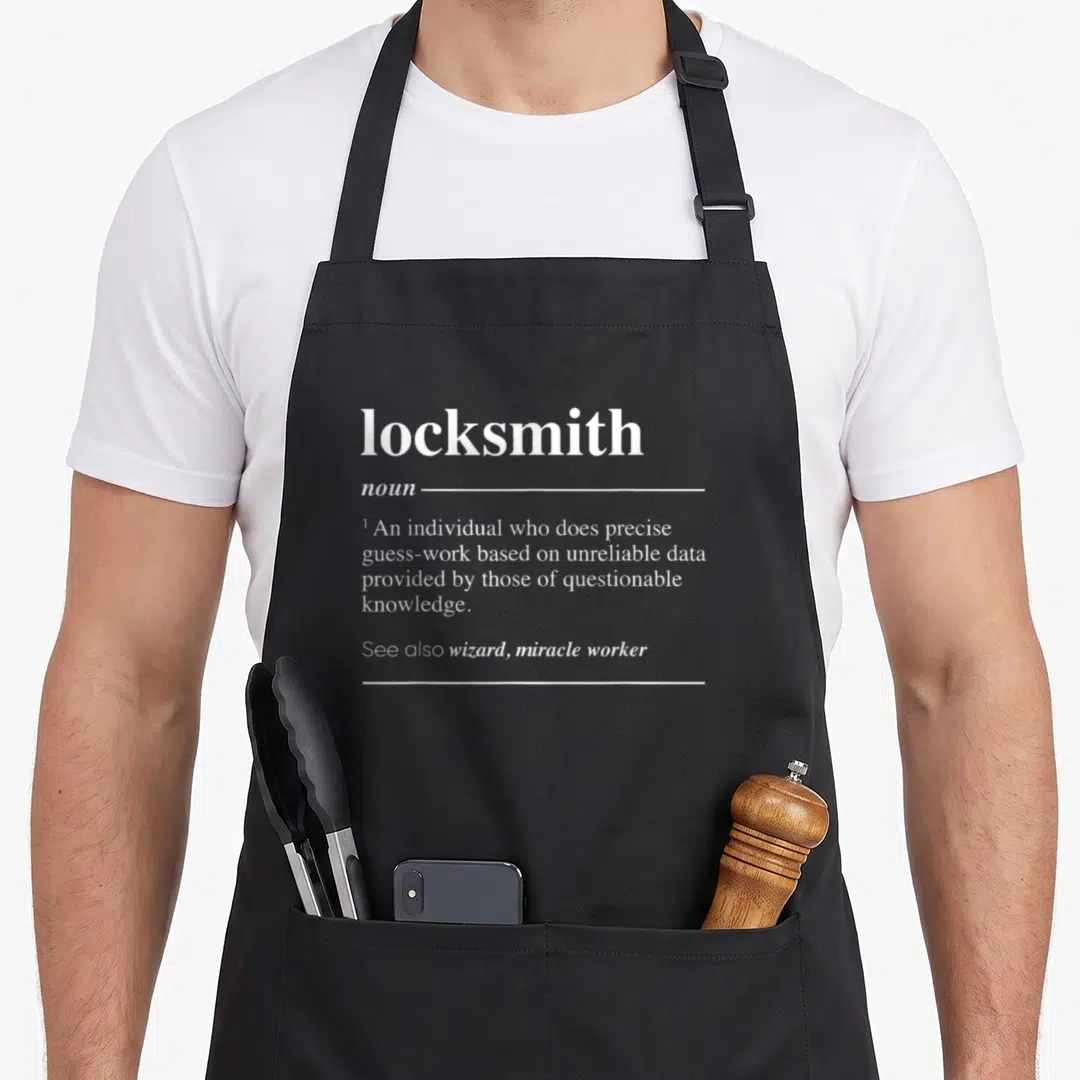 Letter locksmith apron - White dictionary definition of locksmith noun on black background — shown on a black cotton canvas apron against a white background