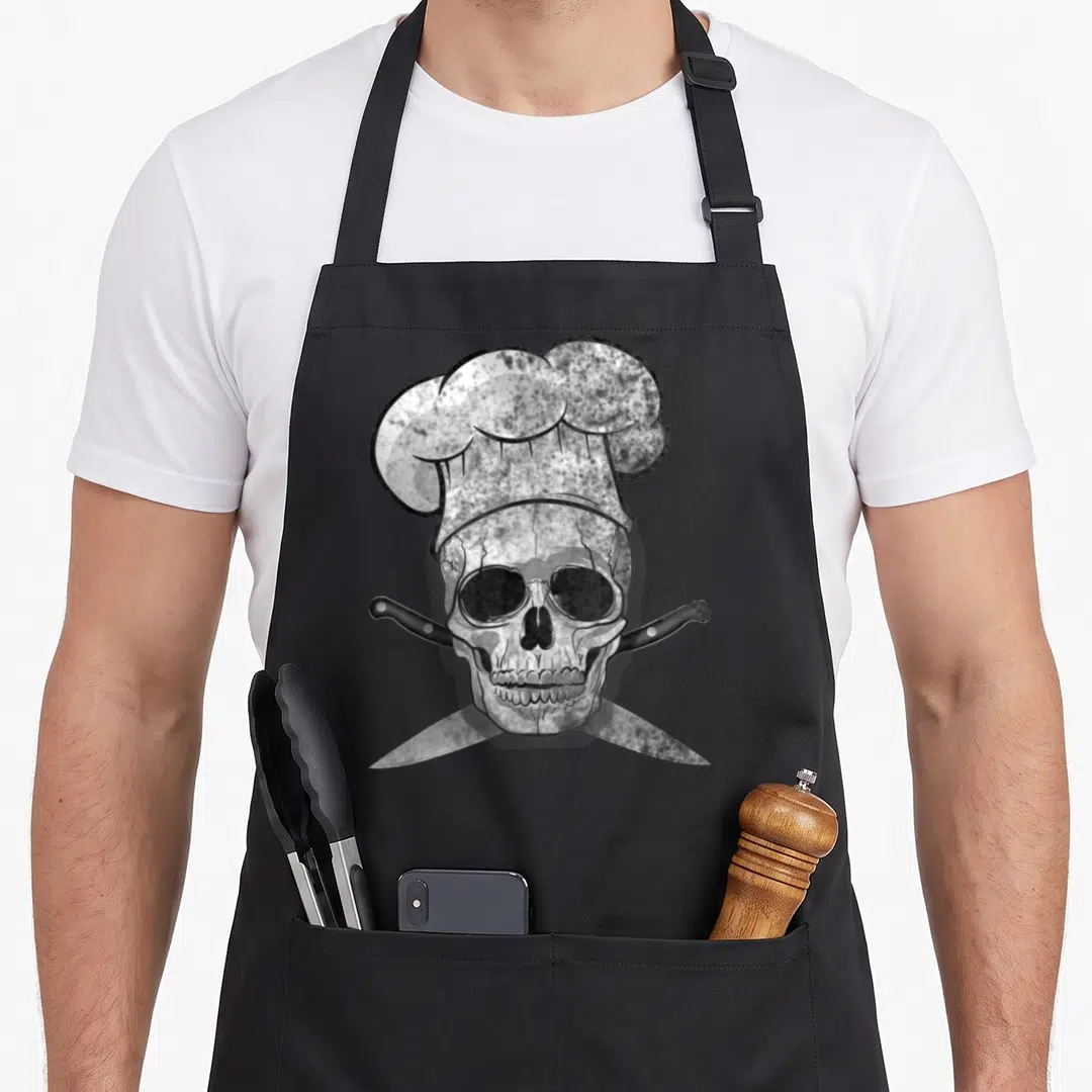 Culinary butcher apron - Realistic skull wearing a chef hat with two crossed knives behind it in grey and black — shown on a black cotton canvas apron against a white background