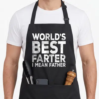 Farter mean father day apron - White stacked text reading World's Best Farter I Mean Father on black fabric — shown on a black cotton canvas apron against a white background