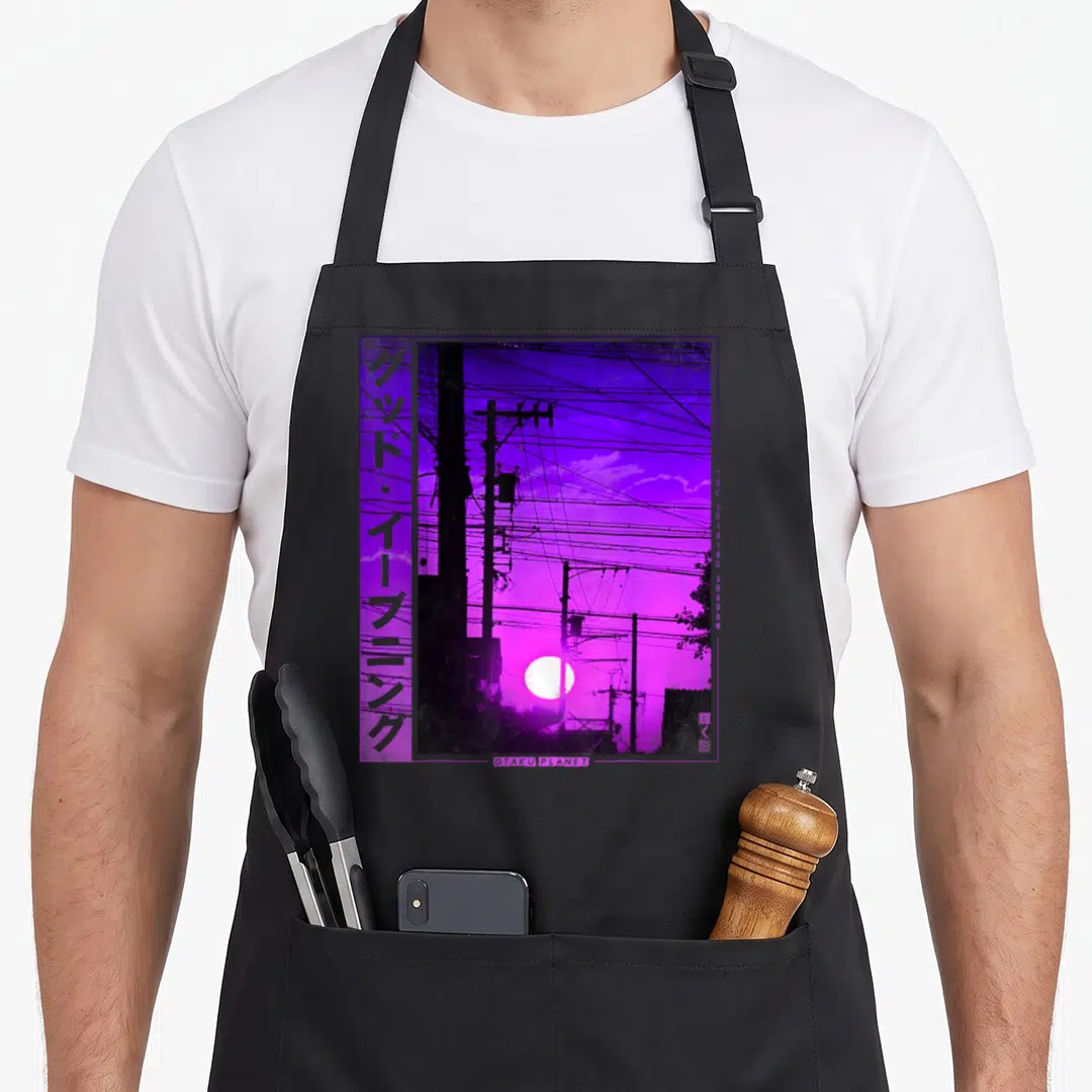 Lofi japan apron - Purple sunset cityscape with vertical Japanese text and THE SHINING SHADOW — shown on a black cotton canvas apron against a white background