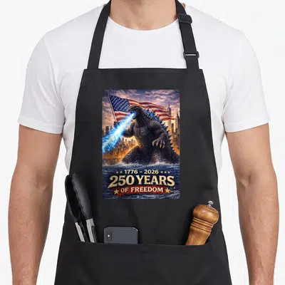Kaiju 4th of july apron - Godzilla standing in water holding flag with 1776-2026 250 Years of Freedom text — shown on a black cotton canvas apron against a white background