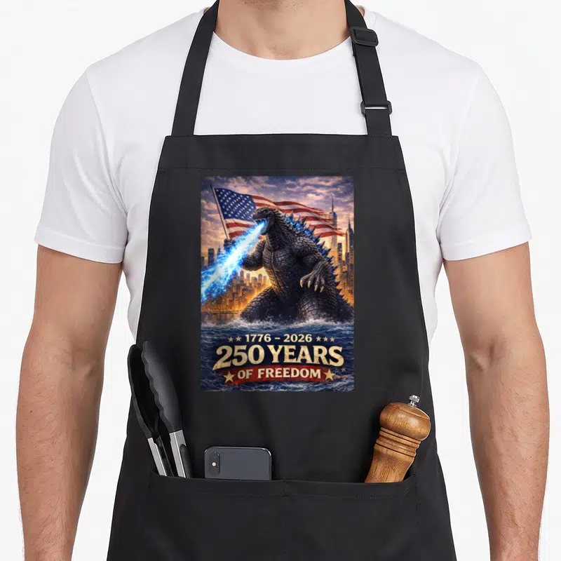 Kaiju 4th of july apron - Godzilla standing in water holding flag with 1776-2026 250 Years of Freedom text — shown on a black cotton canvas apron against a white background