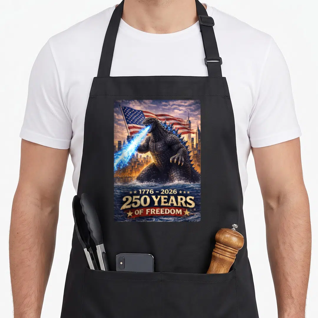 Kaiju 4th of july apron - Godzilla standing in water holding flag with 1776-2026 250 Years of Freedom text — shown on a black cotton canvas apron against a white background