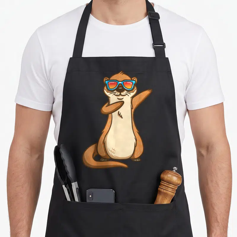 Kindergarten animal apron - Cartoon brown otter dabbing in blue and red sunglasses standing on hind legs — shown on a black cotton canvas apron against a white background