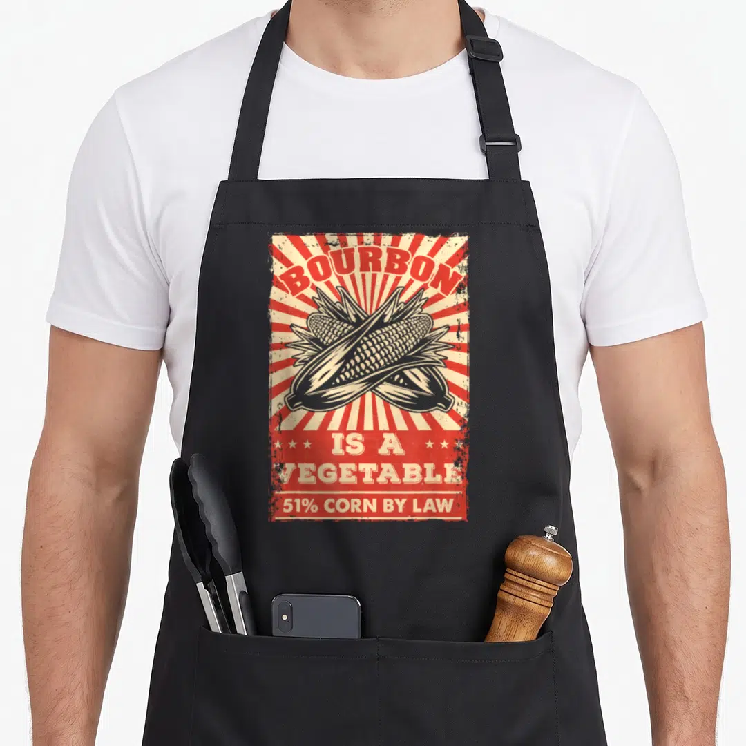 Bourbon vegetable apron - Retro red sunburst with three grey corn cobs and text stating bourbon is a vegetable 51% corn — shown on a black cotton canvas apron against a white background