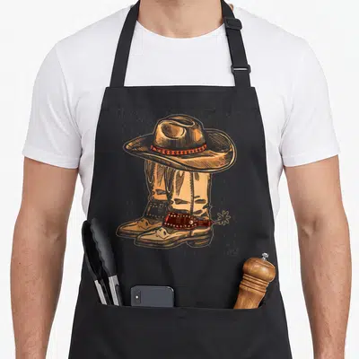 Hat cowboy apron - Tan cowboy hat on boots with brown belt and grey chain-link fence in line art — shown on a black cotton canvas apron against a white background