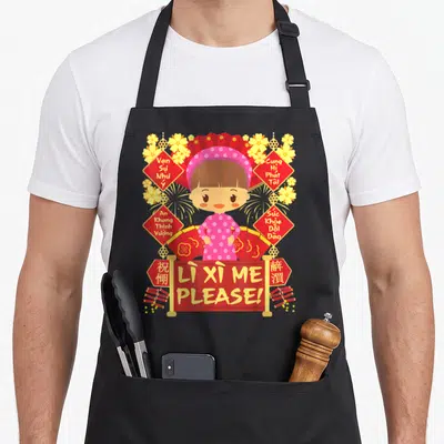 Lunar vietnamese girl apron - Cartoon girl in pink dress surrounded by red diamond signs with Vietnamese text — shown on a black cotton canvas apron against a white background