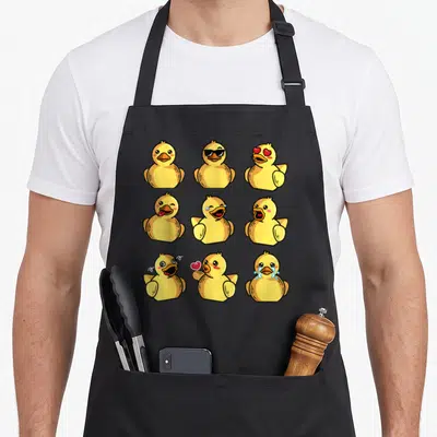 Bath duck apron - Nine yellow cartoon ducks with different faces including sunglasses, hearts, and tears in a grid — shown on a black cotton canvas apron against a white background
