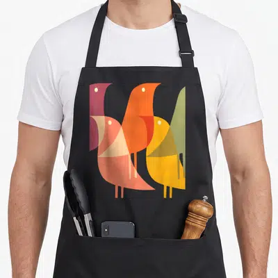Deco bird apron - Four overlapping geometric birds in purple orange yellow and green — shown on a black cotton canvas apron against a white background