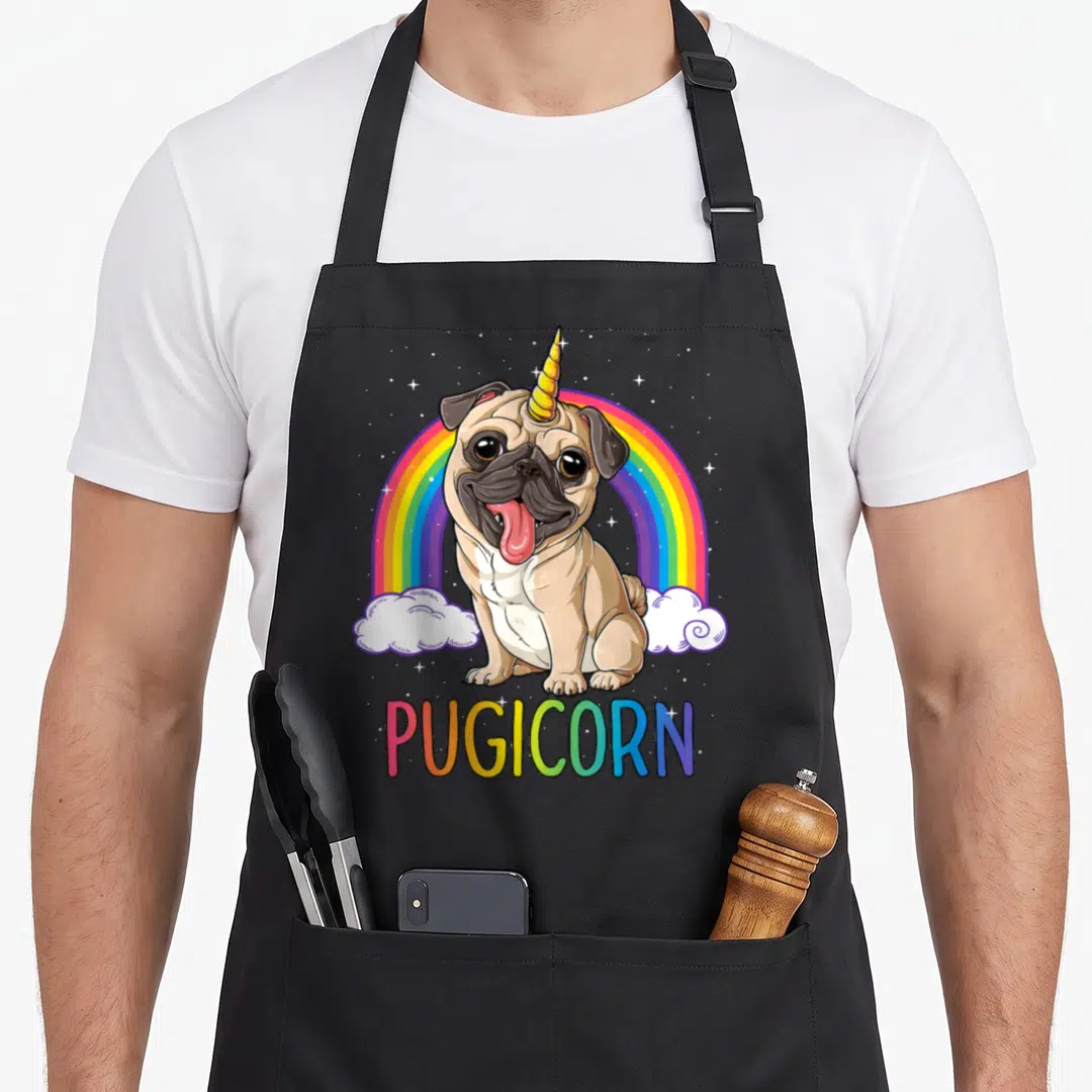 Pugicorn rainbow apron - Cartoon tan pug with golden horn sitting before rainbow and clouds with PUGICORN text below — shown on a black cotton canvas apron against a white background