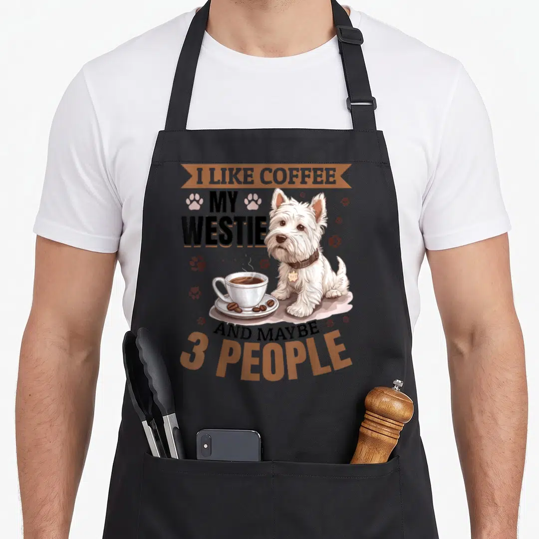 Coffee westie apron - Cartoon Westie next to coffee cup with text I like coffee my Westie and maybe 3 people — shown on a black cotton canvas apron against a white background