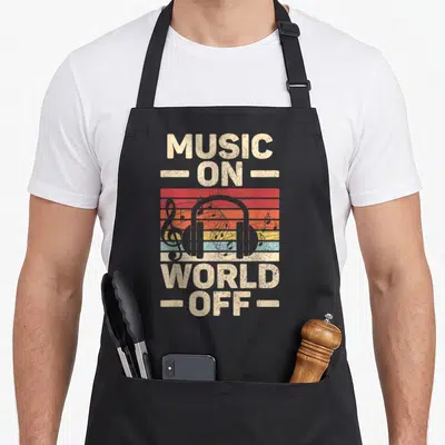 Musician dance music apron - Retro headphones over colored stripes with MUSIC ON WORLD OFF text — shown on a black cotton canvas apron against a white background