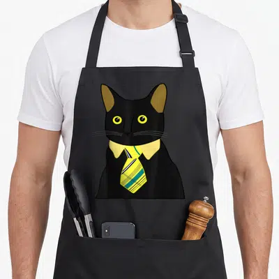 Kitten business apron - Cartoon black cat wearing a yellow collar and a striped yellow blue and white tie — shown on a black cotton canvas apron against a white background