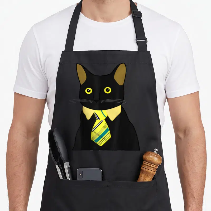 Kitten business apron - Cartoon black cat wearing a yellow collar and a striped yellow blue and white tie — shown on a black cotton canvas apron against a white background
