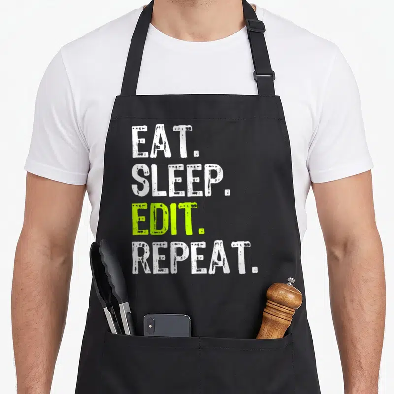 Editor edit apron - Stacked white and lime green text reading EAT SLEEP EDIT REPEAT — shown on a black cotton canvas apron against a white background