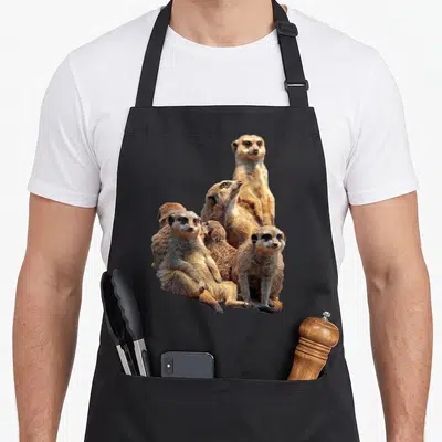 Lettertrunk family aprons - Five meerkats clustered in tan brown and black fur with one standing tall — shown on a black cotton canvas apron against a white background