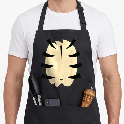 Striped cute halloween aprons - Minimalist cream tiger face with black stripes and single bottom eye — shown on a black cotton canvas apron against a white background