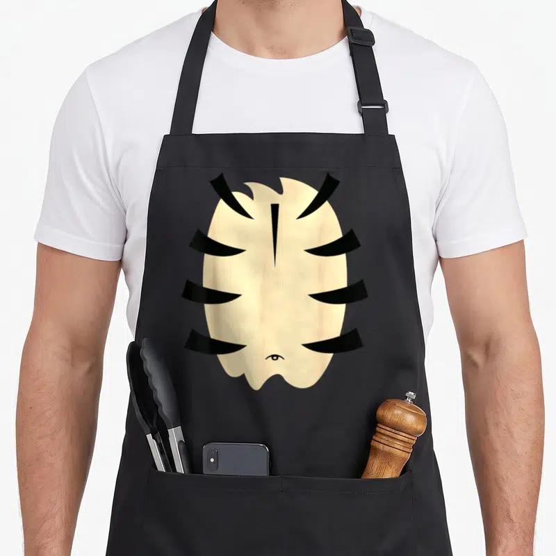 Striped cute halloween aprons - Minimalist cream tiger face with black stripes and single bottom eye — shown on a black cotton canvas apron against a white background