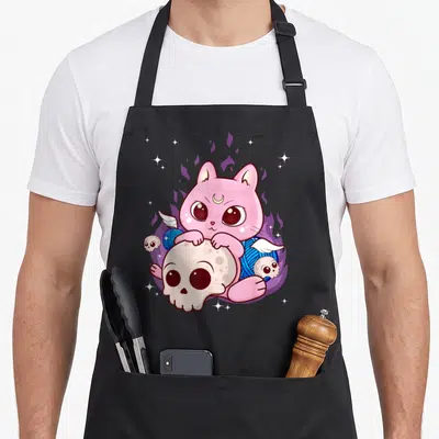 Clothe anime cooking apron - Pink cartoon cat on cream skull with purple flames and blue yarn — shown on a black cotton canvas apron against a white background