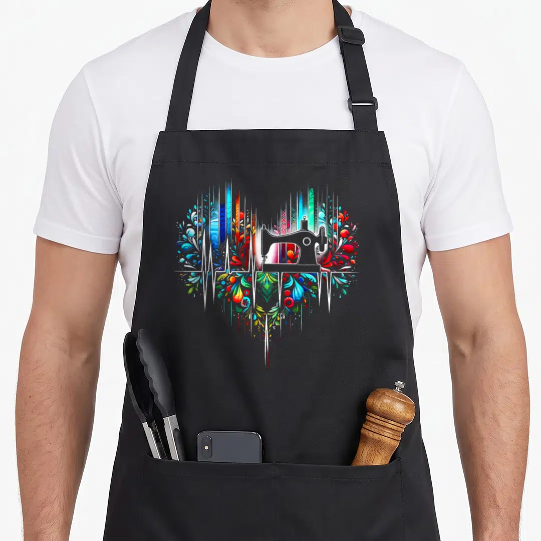 Sewing quilting quilter apron - Watercolor heart containing a sewing machine, floral splashes, and a running heartbeat — shown on a black cotton canvas apron against a white background