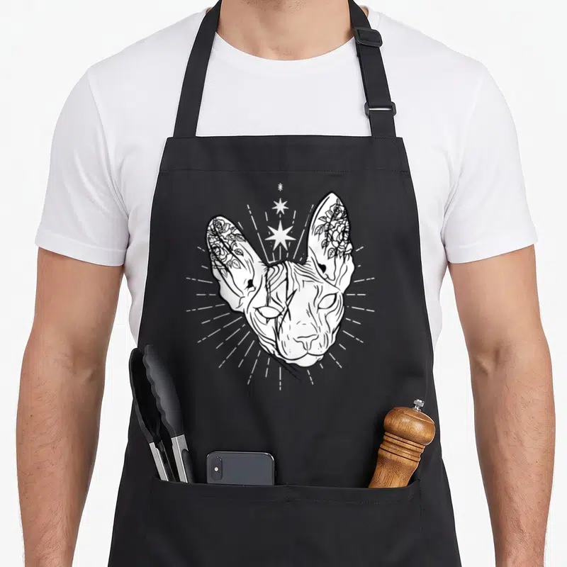 Grafic cat apron - Sphynx cat head with roses in ears and three stars in line art — shown on a black cotton canvas apron against a white background
