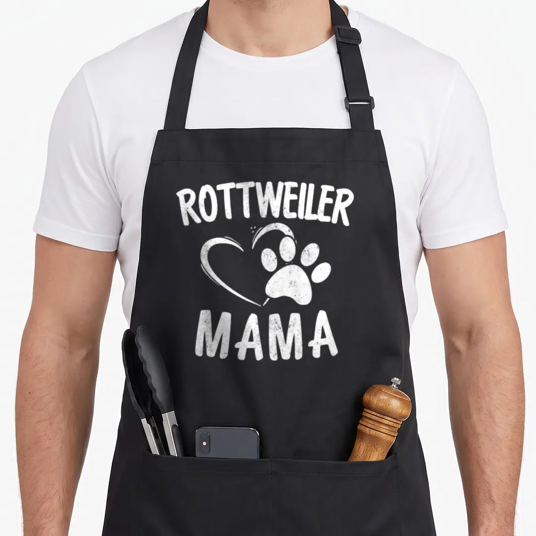 Mama pet dog apron - White Rottweiler Mama text with paw print and heart on canvas — shown on a black cotton canvas apron against a white background